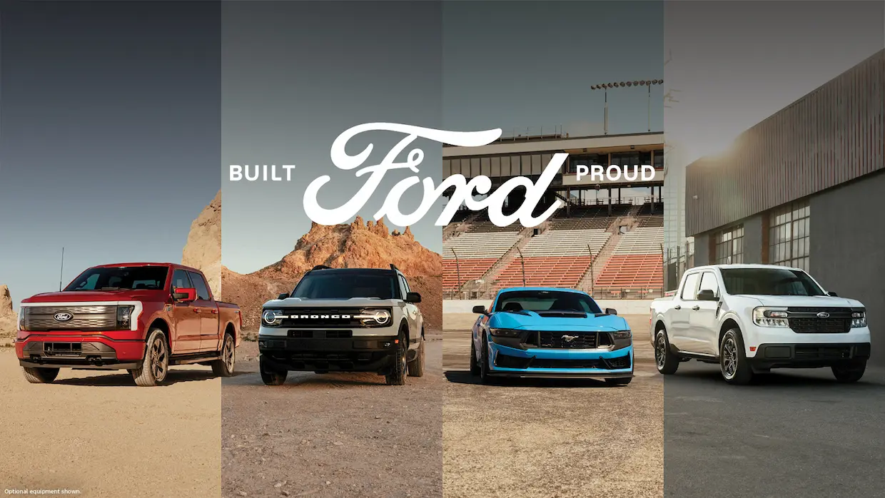 A panoramic image showcasing a lineup of Ford vehicles, including a red F-150, a black Bronco, a blue Mustang, and a white Maverick, each parked in distinct settings under the slogan "Built Ford Proud".
