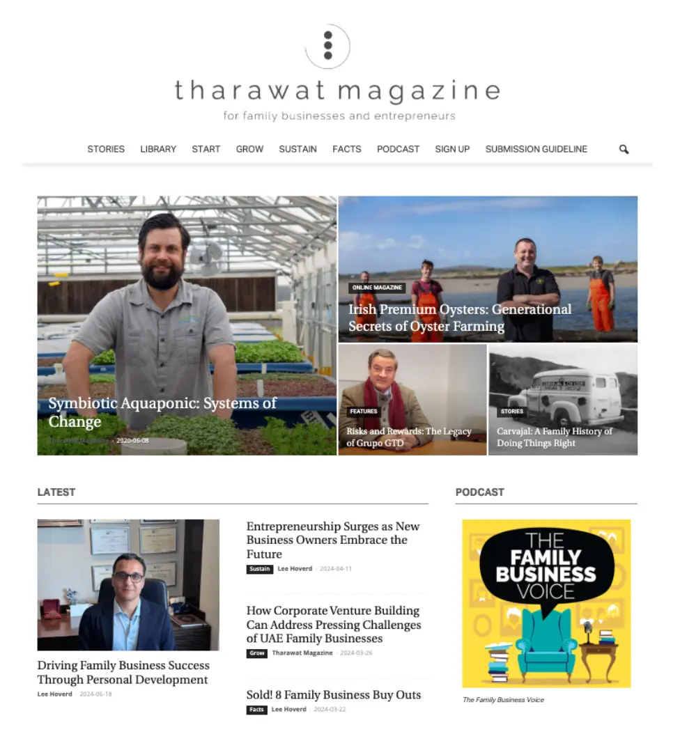 Homepage of Tharawat Magazine featuring a layout with multiple articles on topics like aquaponic systems in agriculture, generational secrets of oyster farming, and corporate venture building. The page includes images of business professionals and entrepreneurs in various fields, accompanied by headlines and publication dates.