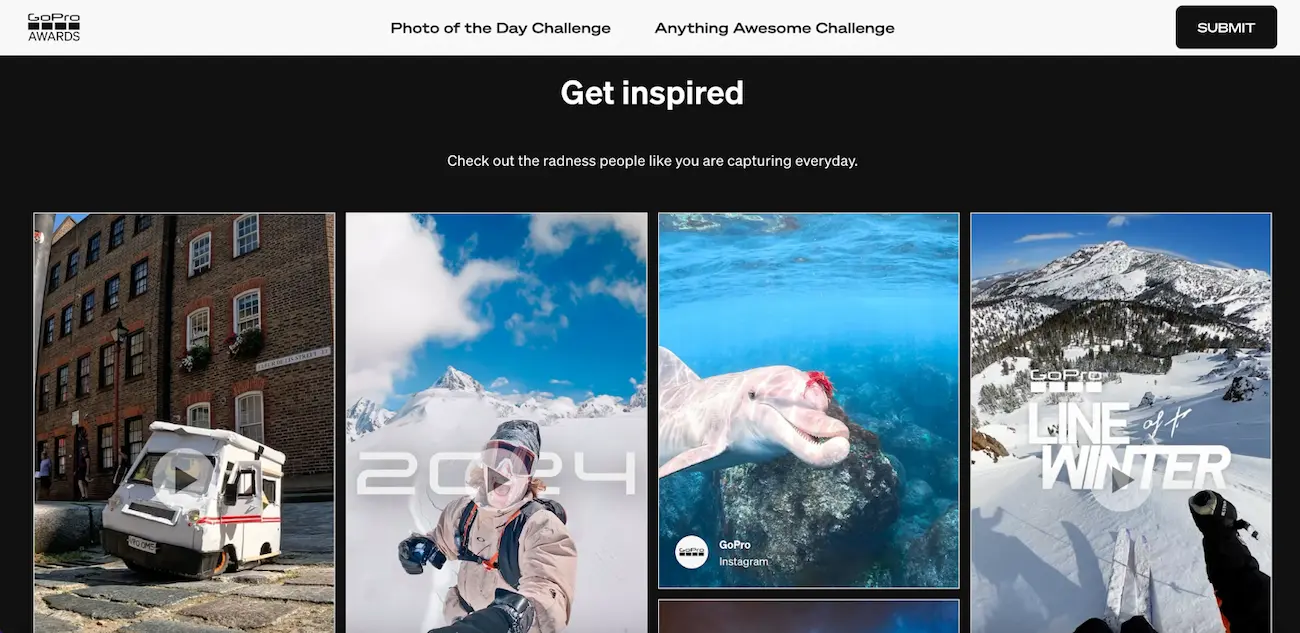 A collage of impressive photos including an urban scene with a small motorhome on cobblestone, diverse adventurous activities such as mountain skiing and underwater photography with a dolphin, all promoting GoPro's Photo of the Day and Anything Awesome Challenge.
