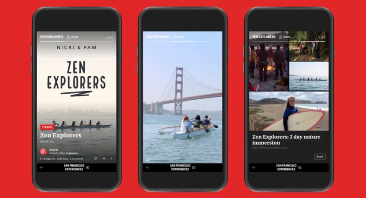 Three mobile screens showcasing the Zen Explorers travel experience; the first displays kayakers with a city skyline, the second features tourists rowing near the Golden Gate Bridge, and the third shows various activities including camping and surfing from a three-day nature immersion trip.