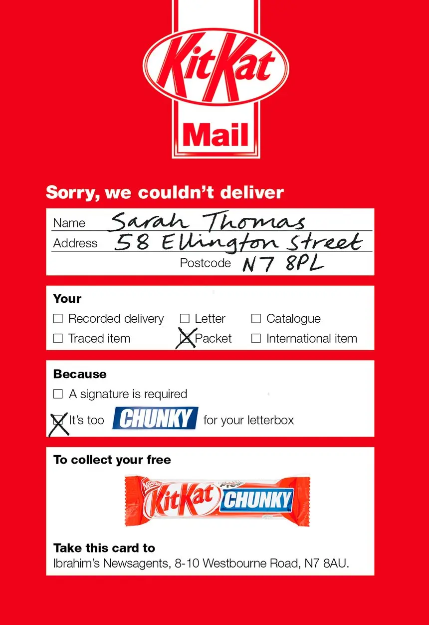 Creative mock-up of a KitKat promotional mail notice informing Sarah Thomas that a delivery could not be made because the KitKat Chunky packet was too big for the letterbox, with details to collect the item from a specific location displayed.