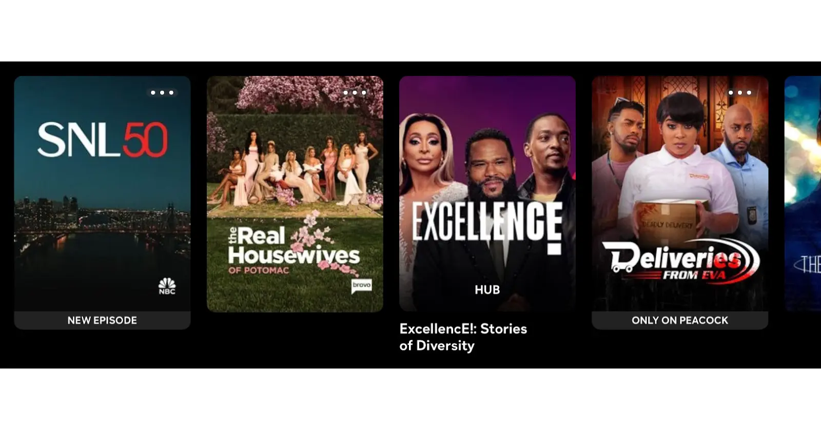 A collage of promotional banners for various TV shows including "SNL 50" with a cityscape background, "The Real Housewives of Potomac" cast posing outdoors, and "Excellence: Stories of Diversity" featuring prominent actors, along with a poster for "Deliveries from Eva" showing a dramatic scene with the cast.
