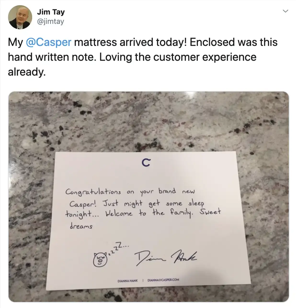 A handwritten note from Casper on a granite countertop expressing congratulations and a warm welcome to a new customer, accompanied by a tweet from a user praising the customer experience with their new mattress.