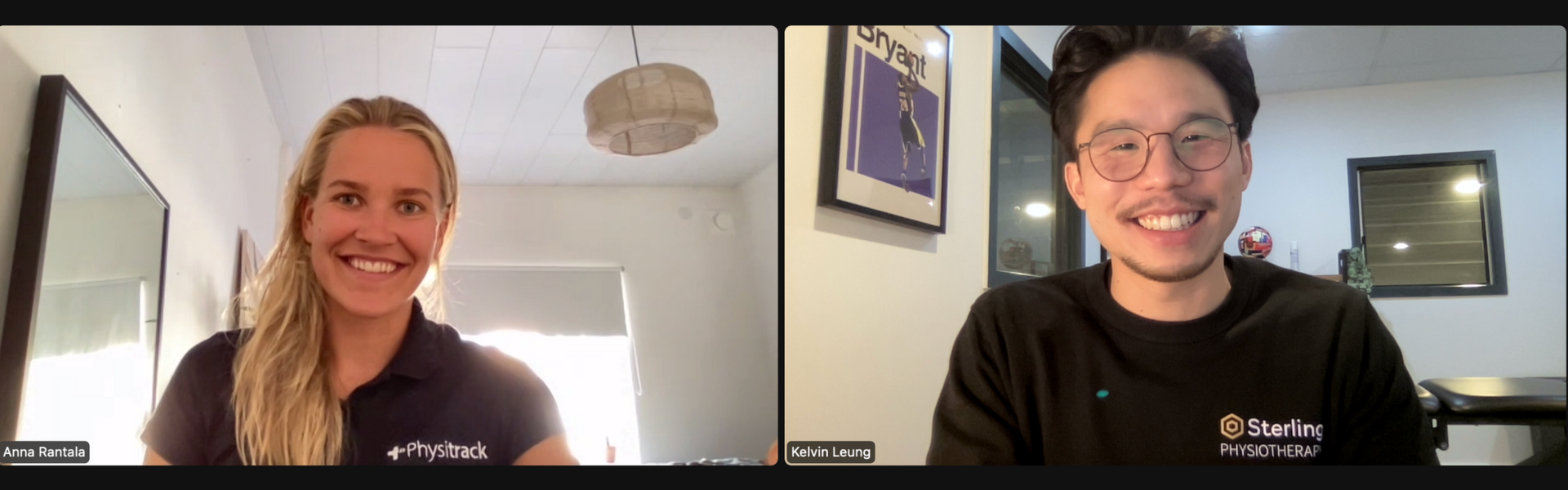Video call screenshot showing Anna Rantala of Physitrack and Kevin Leung of Sterling Physiotherapy smiling during an online interview.