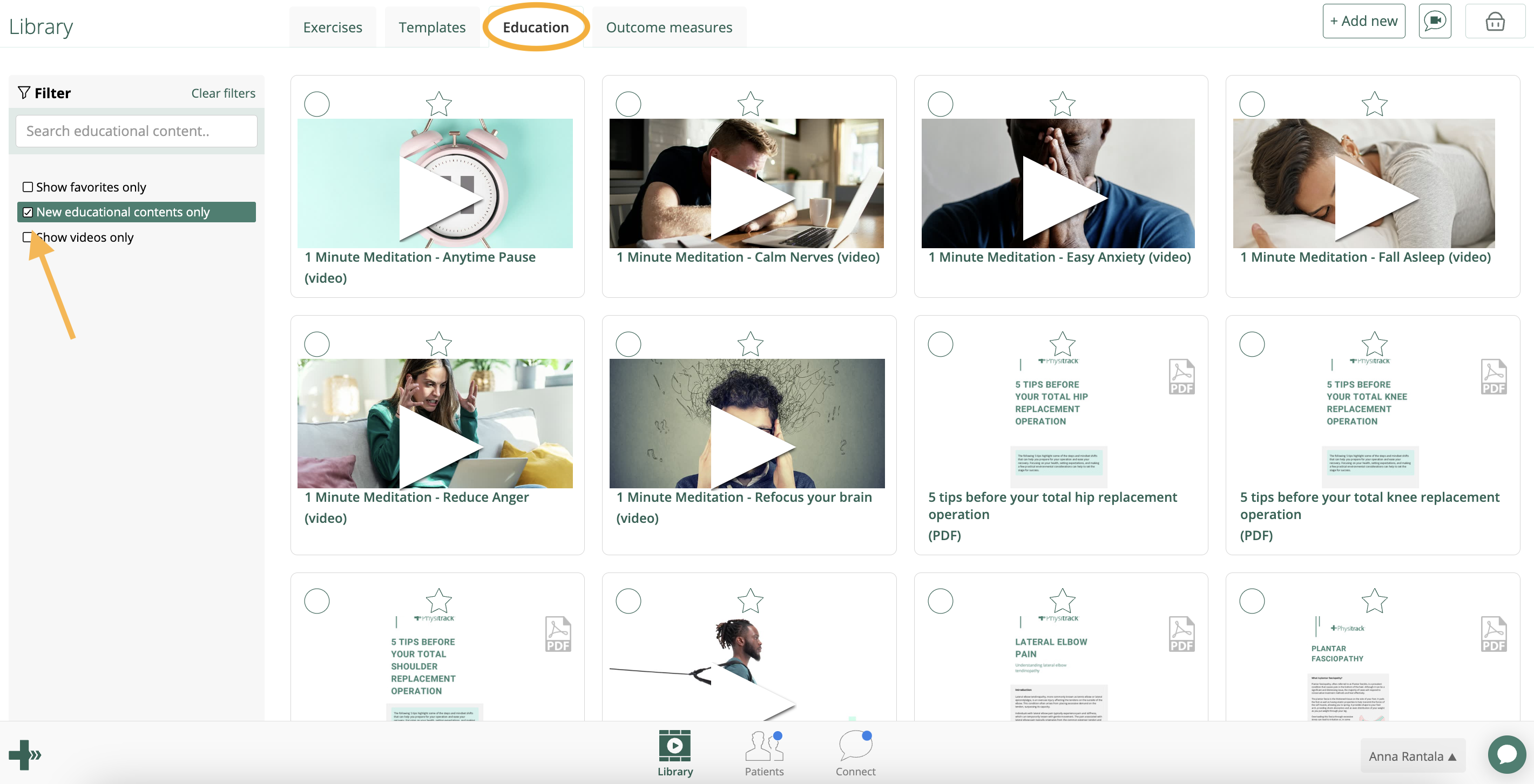 Pestaña «Educación» de Physitrack , en la que se muestran seis mosaicos de vídeos de «Meditación de 1 minuto» de Champion Health junto con archivos PDF educativos, con el filtro «solo contenido educativo nuevo» activado.