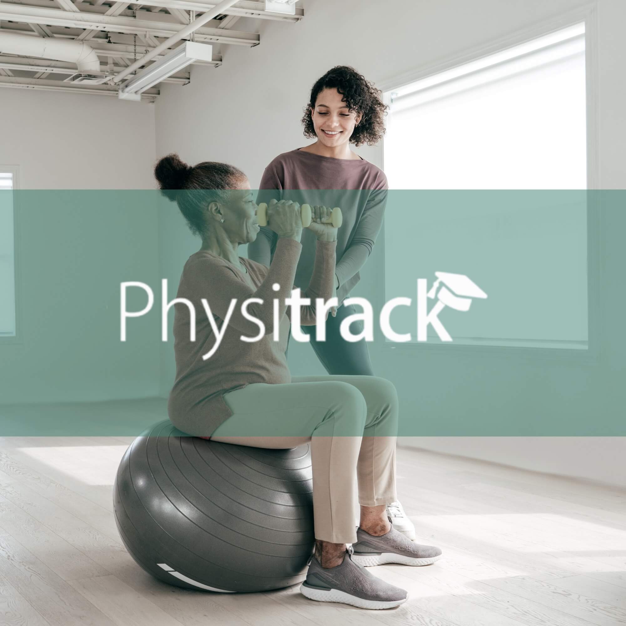 Trainer helping a woman lift dumbbells while seated on an exercise ball, overlaid with the Physitrack logo.