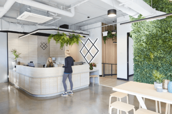 Bright modern clinic reception with a wood-paneled desk, greenery wall, and a diamond logo motif