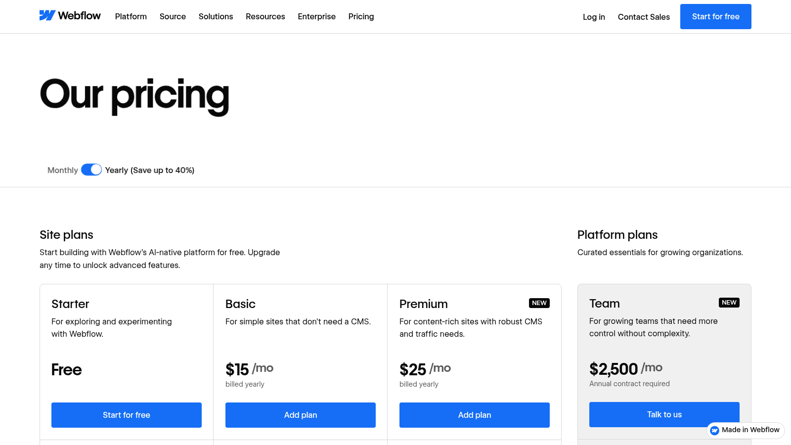 Webflow pricing page best cms comparison