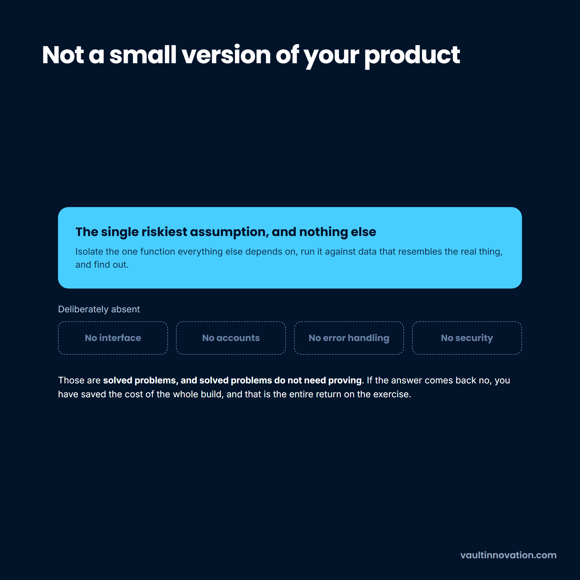 A proof of concept holding one risky assumption, with interface, accounts and security absent