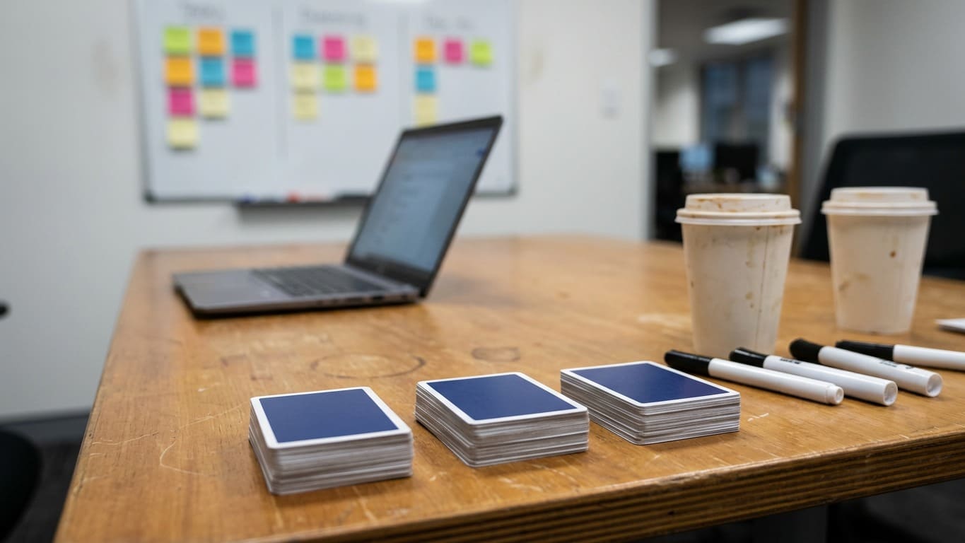 Sprint planning table with stacks of face-down cards in front of a blurred task board