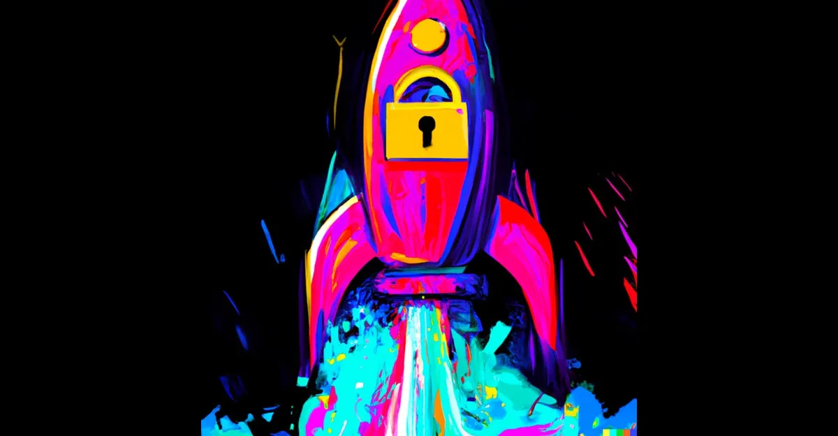 A fast padlock rocket from a distance in the style of cyber punk" by DALL-E2