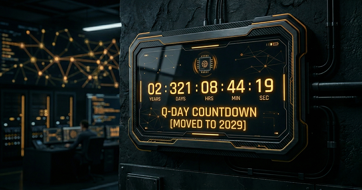 Q-Day countdown timer interface showing timeline shifted to 2029, displayed on a futuristic screen in a high-tech operations room.