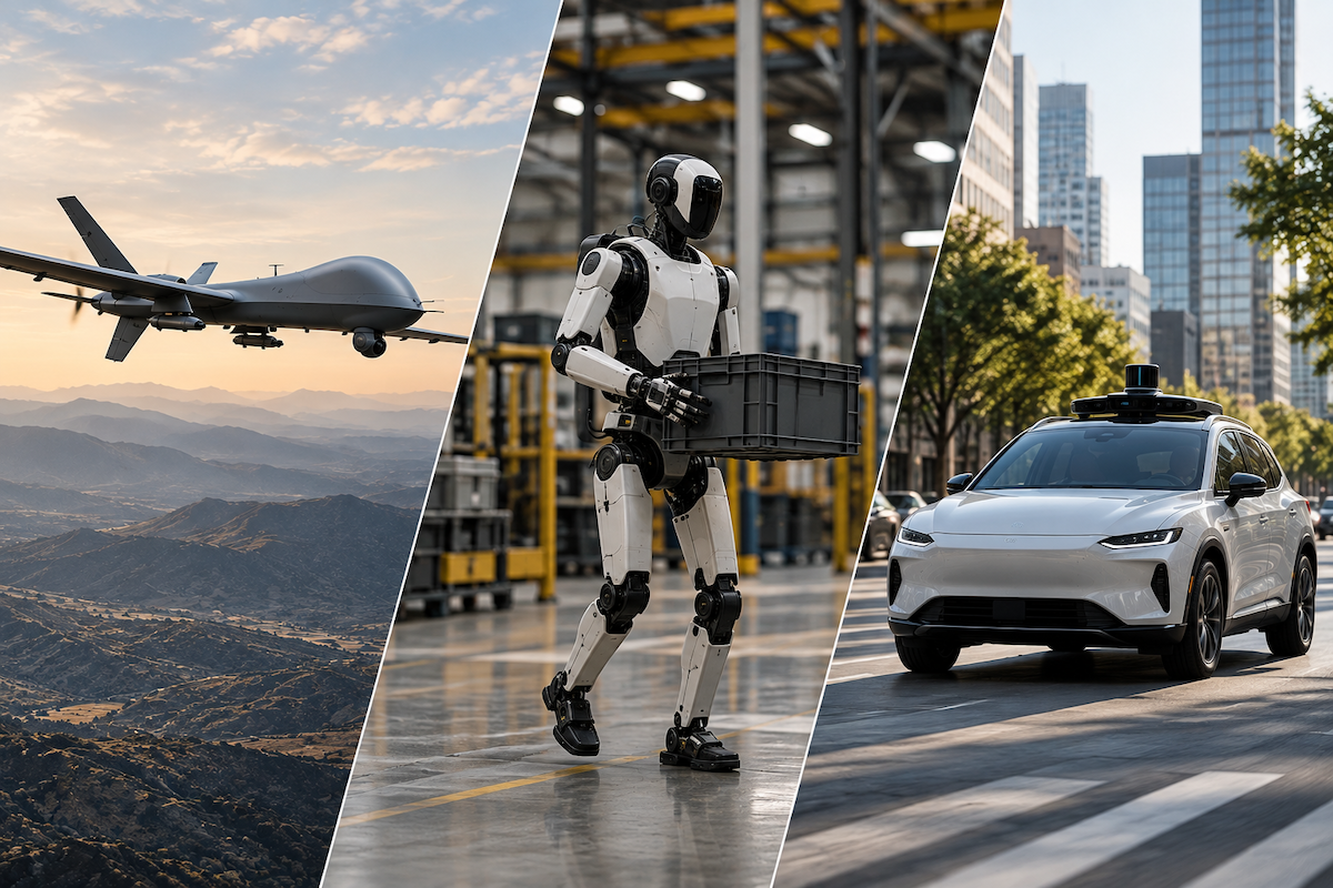Military drone, industrial humanoid robot, and self-driving car representing autonomous systems and resilient navigation.