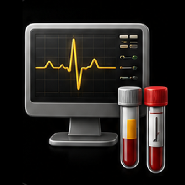 Medical monitor showing an ECG heartbeat line beside two blood sample test tubes.