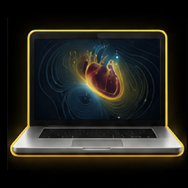 Open laptop displaying a digital glowing heart with fluid lines around it on the screen.