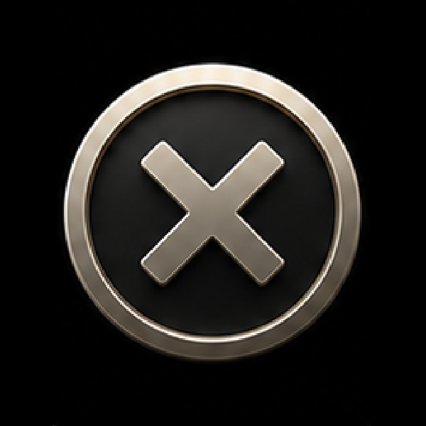 Metallic circle with an X symbol inside on a black background.