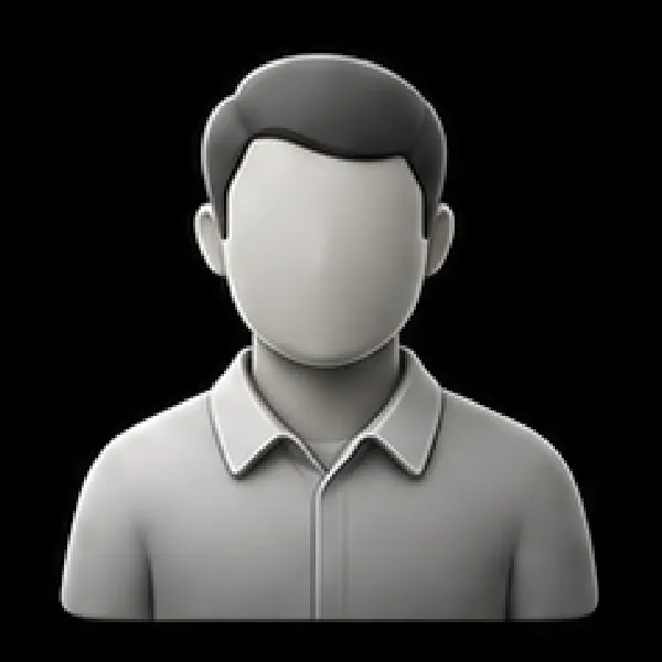 Gray monochrome faceless male avatar wearing a collared shirt against a black background.