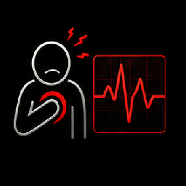 Icon of a person clutching chest in pain with red shock marks and an ECG heartbeat line.