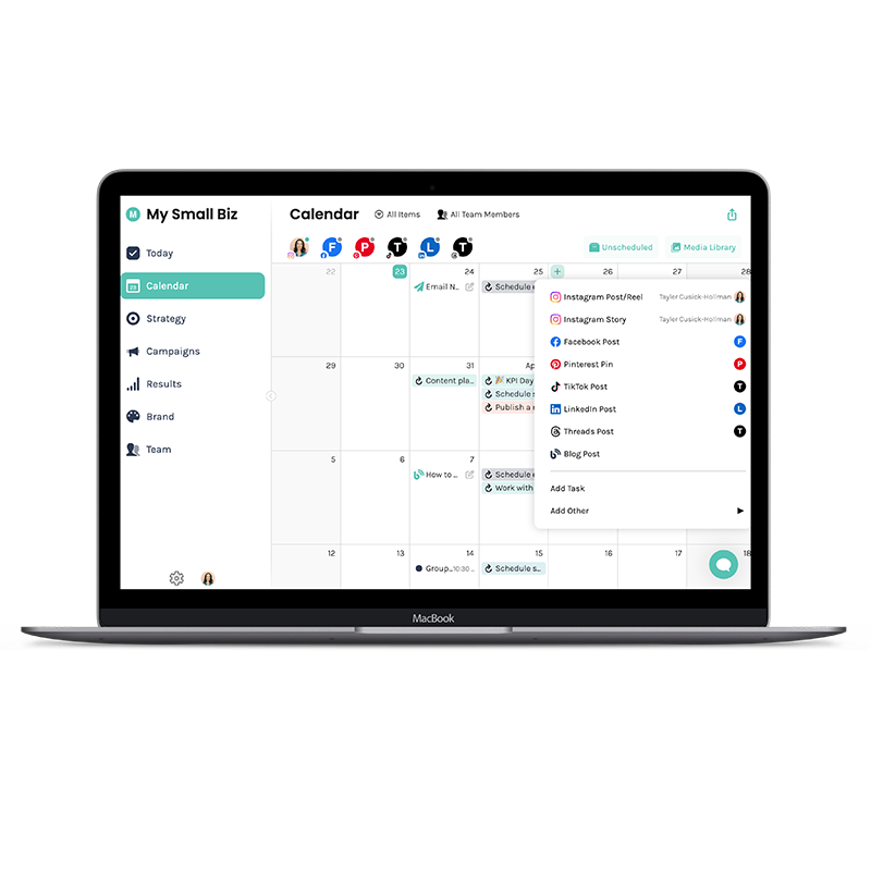 A florist at the counter of a flower shop marketing her small busines.