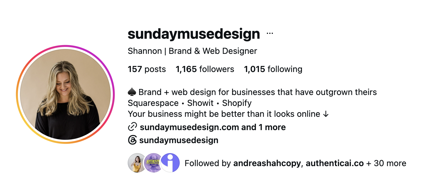 Instagram marketing strategy example showing Sunday Muse Design’s profile, with a clear bio highlighting Shannon’s brand and web design services.
