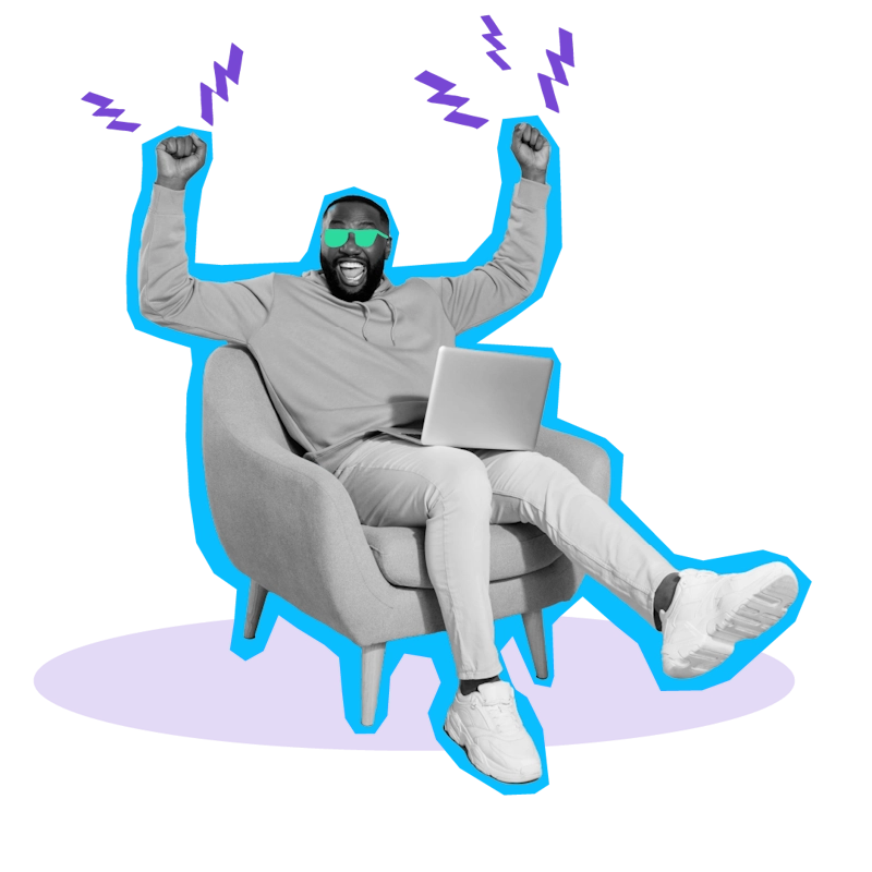 Excited man with a laptop cheering in an armchair with purple lightning bolt icons, illustrating Bolt PR's dynamic approach to public relations and brand growth.
