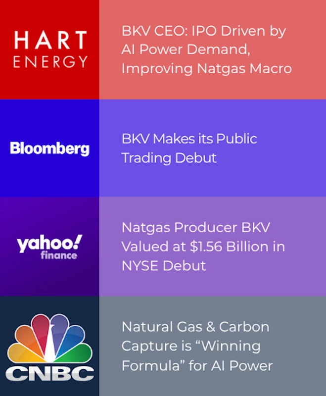Bolt PR case study for BKV featuring earned media in Bloomberg, CNBC, Yahoo Finance, and Hart Energy regarding natural gas and AI power.