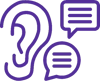 Ear and speech bubbles icon illustrating social listening and community advocacy for brands.