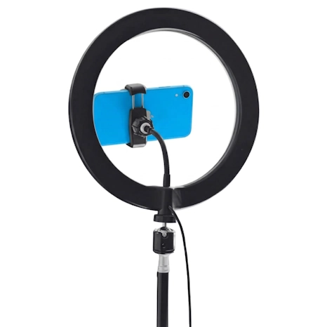 Blue smartphone mounted on a ring light setup representing influencer content creation.