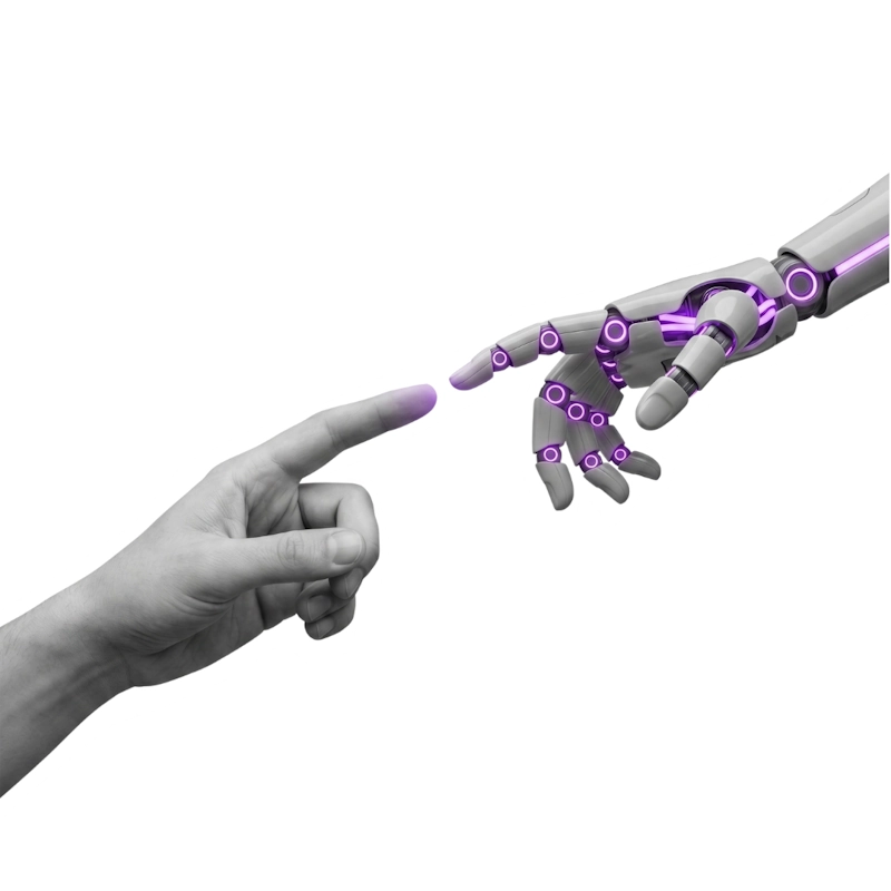 A human hand and a robotic hand reaching out to touch fingers, symbolizing the connection between human PR experts and Generative Engine Optimization.