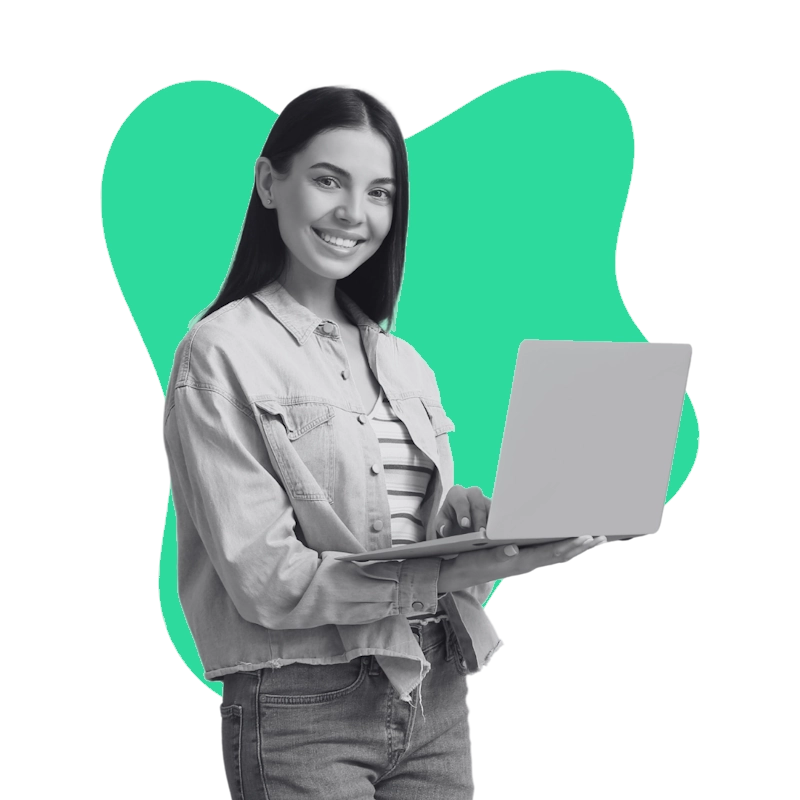 A smiling Bolt PR AI visibility expert holding a silver laptop, representing generative engine optimization consulting services.
