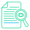 Green icon of a magnifying glass inspecting a document, illustrating an Artificial Intelligence Optimization or AIO visibility audit.
