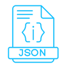 Blue icon of a JSON document with code brackets, symbolizing structured data schema implementation for GEO.