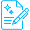 Blue icon of a document with a pen and sparkles, representing AI-optimized content creation for generative search engines.