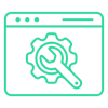 Green icon of a wrench and gear inside a web browser, representing technical AI readiness and generative engine optimization.