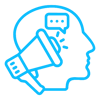 Blue icon of a head profile containing a megaphone, symbolizing authoritative PR strategies designed to secure AI engine citations.