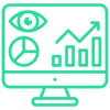 Green icon of a computer monitor displaying performance graphs, representing AI search visibility monitoring and reporting.