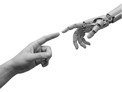 A human hand and a robotic hand reaching out to touch fingers, symbolizing the connection between human PR experts and Generative Engine Optimization.