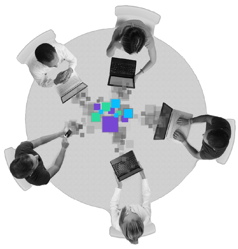 Black and white overhead photo of five professionals working on devices around a circular table, with vibrant purple, blue, and green digital squares merging in the center."