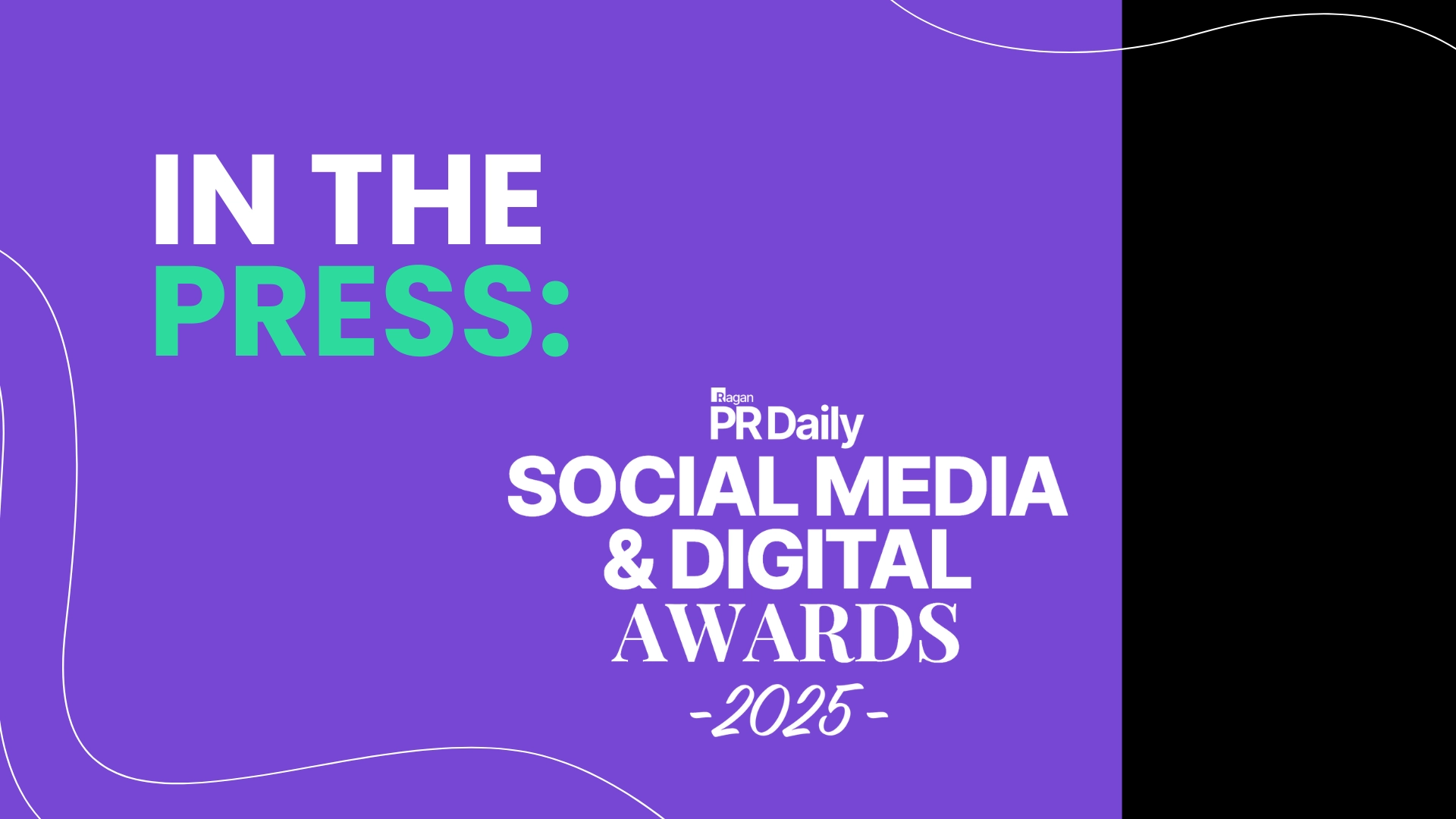 PR Daily's 2025 Social Media & Digital Awards graphic. Purple with white waves, black panel, and text: 'IN THE PRESS:', 'PRESS:', PR Daily logo, 'SOCIAL MEDIA & DIGITAL AWARDS -2025-'. Celebrates Bolt PR's win.