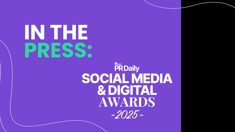 PR Daily's 2025 Social Media & Digital Awards graphic. Purple with white waves, black panel, and text: 'IN THE PRESS:', 'PRESS:', PR Daily logo, 'SOCIAL MEDIA & DIGITAL AWARDS -2025-'. Celebrates Bolt PR's win.