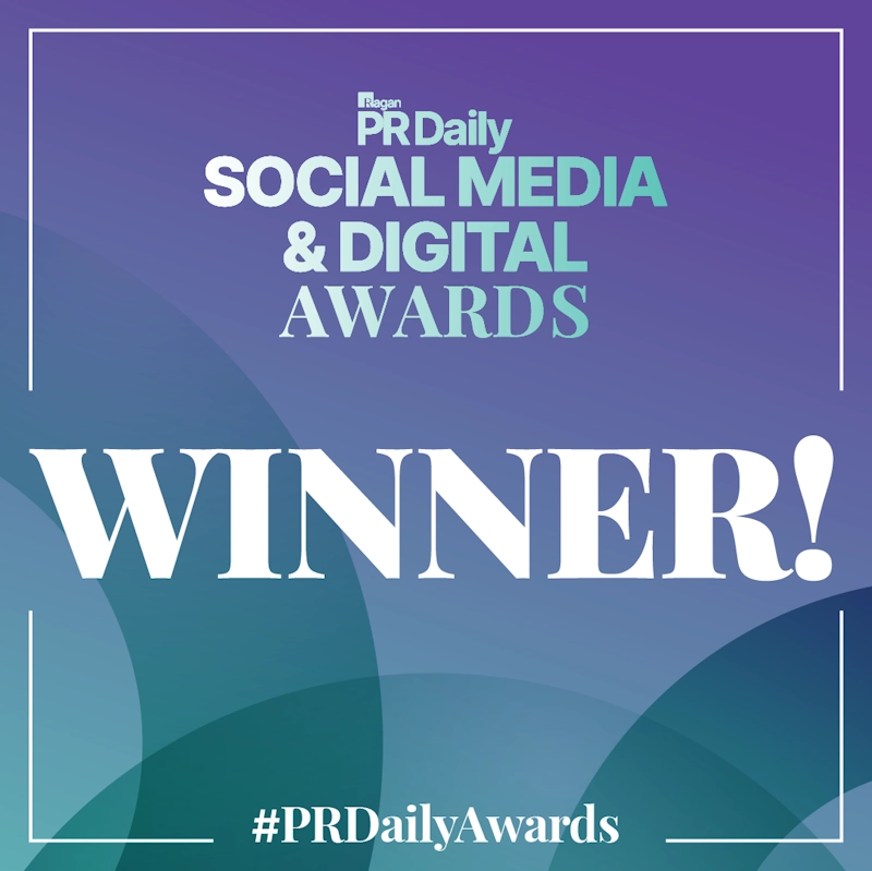 PR Daily's 2025 Social Media & Digital Awards graphic. Purple with white waves, black panel, and text: 'IN THE PRESS:', 'PRESS:', PR Daily logo, 'SOCIAL MEDIA & DIGITAL AWARDS -2025-'. Celebrates Bolt PR's win.