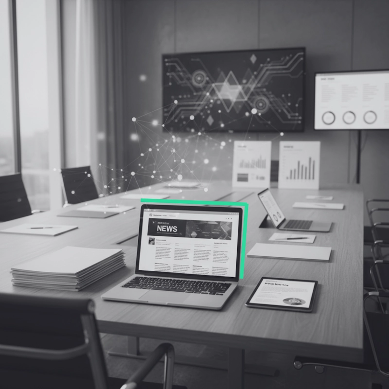 Laptop displaying tech news in a modern conference room with digital network graphics, illustrating the media landscape for an AI tech company.