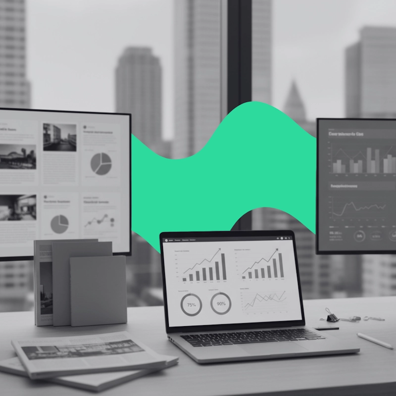 Office desk with monitors displaying data and growth charts, demonstrating successful US market expansion results for an AI automation platform.