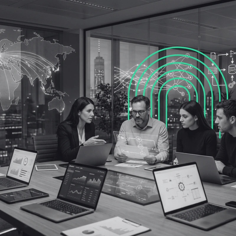 Business team analyzing digital data graphics in a boardroom, showcasing Bolt PR's strategic communications solution for an AI workflow platform.