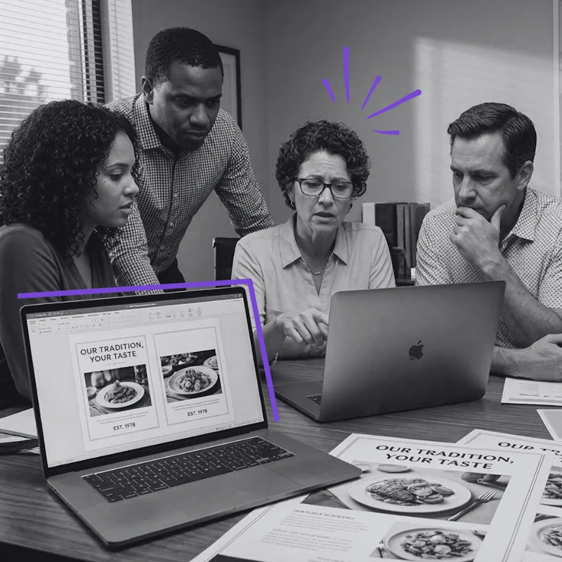 A diverse marketing team reviewing brand assets and a QSR digital reputation strategy on a laptop and printed materials.