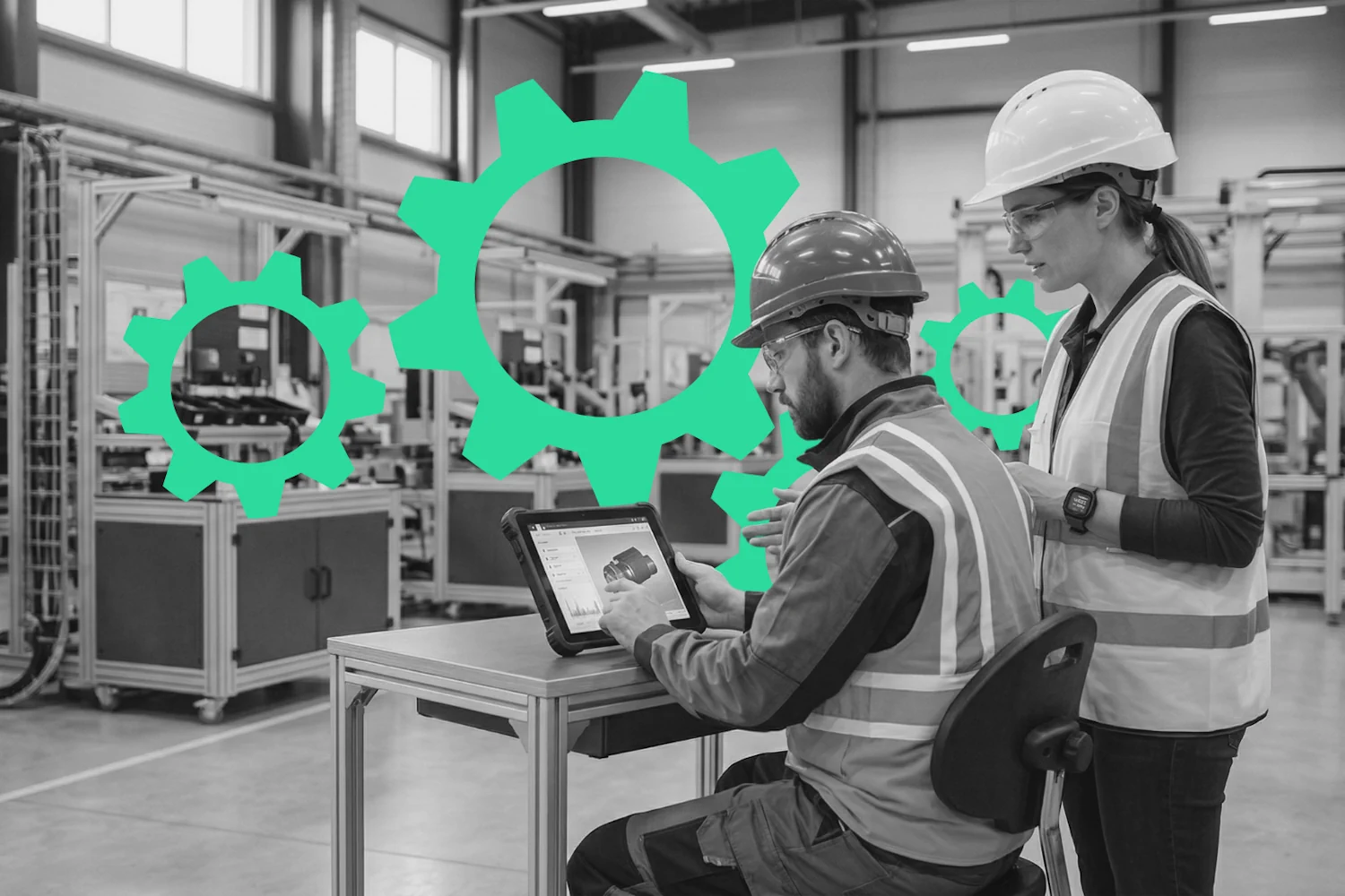Factory workers in safety gear using a tablet in an industrial plant with green gear overlays, illustrating manufacturing AI media relations.