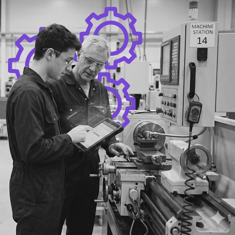 Two technicians discussing industrial machinery at machine station 14 with purple gear graphics, representing the challenges in manufacturing AI media relations.