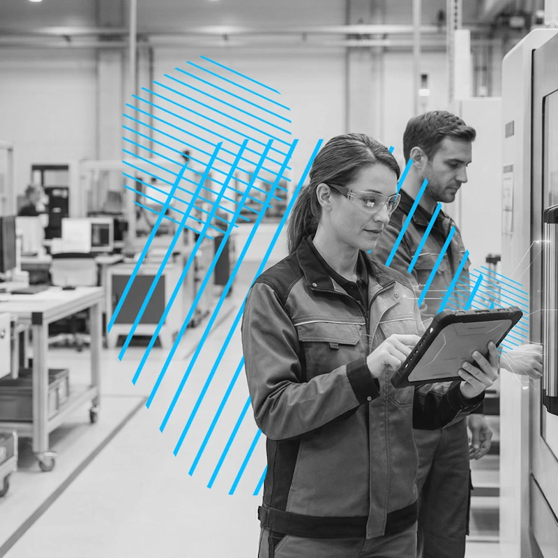 A manufacturing worker analyzing data on a tablet with blue geometric patterns, showcasing a strategic solution for industrial AI media relations.