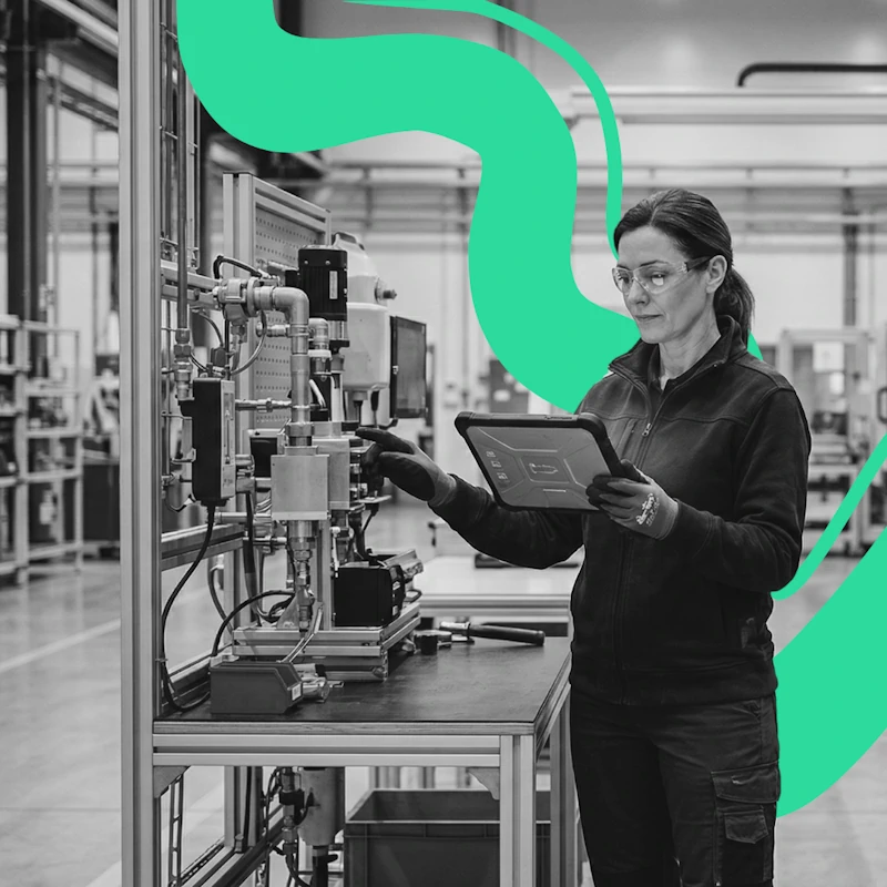 An engineer operating factory equipment while using a tablet with green graphic accents, highlighting the successful results of a manufacturing AI PR campaign.
