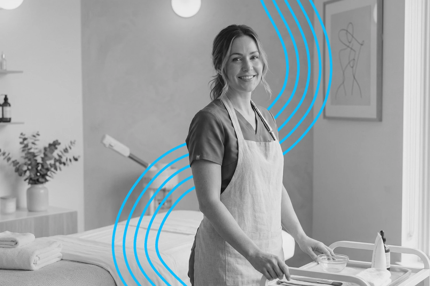 Smiling aesthetics expert in a modern spa treatment room, illustrating a successful skincare PR case study